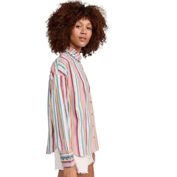 Xirena Pink Sunrise Banded Neck Long Sleeve Ruffle Striped Jensen Shirt Size S - Picture 2 of 12